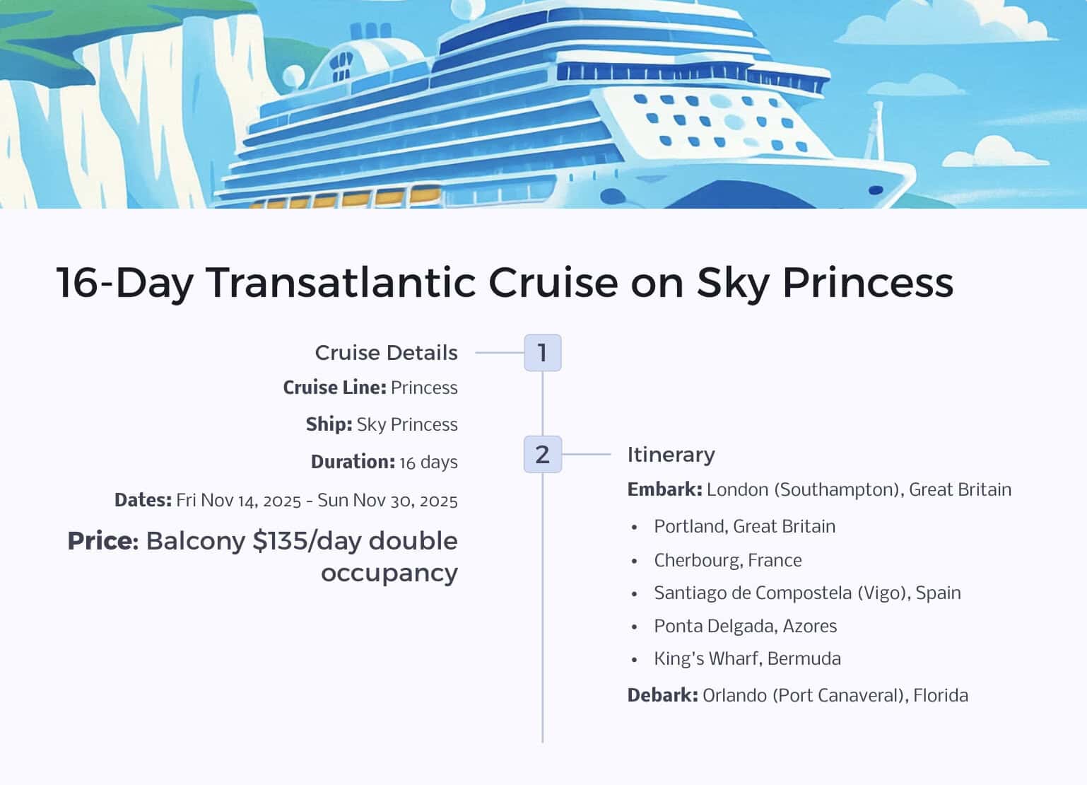 16-day transatlantic cruise on Sky Princess